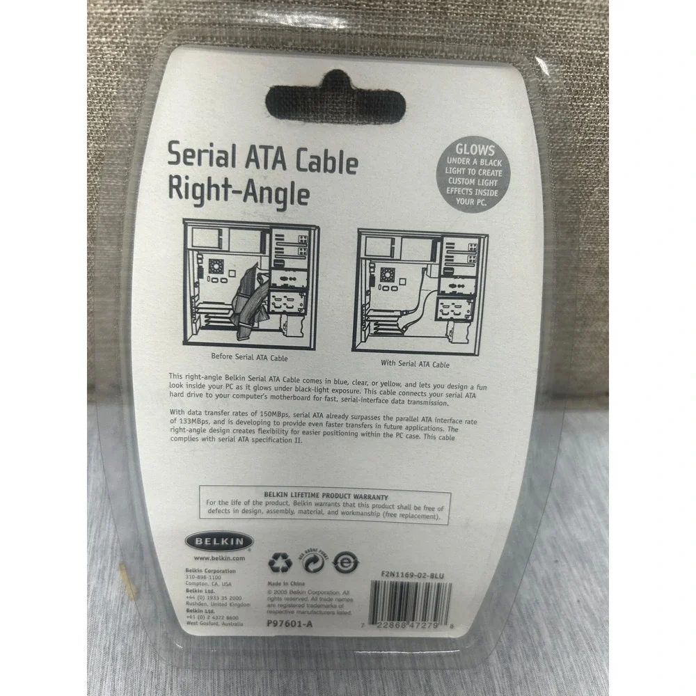 Belkin Serial ATA SATA Cable Right-Angle 2ft Blue UV Reactive F2N1169-02-BLU NEW